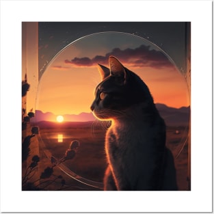 Design of a Cat watching a Sunset Posters and Art